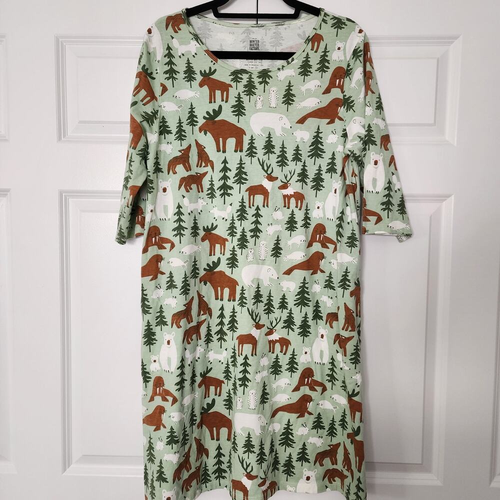 Winter Water Factory Women's Helsinki Green Woodland Animal Print Dress Size L